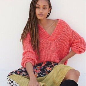 Anthropologie | Honore Ribbed Pink Wool V Neck Knit Oversized Sweater